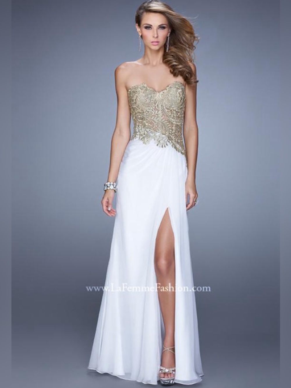 La Femme Gold & White Strapless Sweetheart Neckline Chiffon Corset Formal Dress